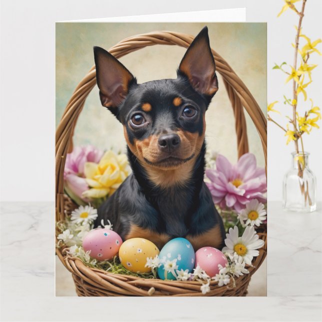 Miniature Pinscher Easter Eggs Card (Yellow Flower)