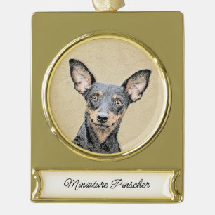 Miniature Pinscher Painting Cute Original Dog Art Gold Plated Banner Ornament
