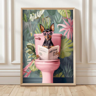 Miniature Pinscher Reading on Toilet Print, Funny Poster