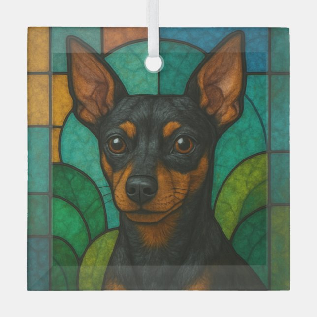 Miniature Pinscher "Stained Glass"  Glass Tree Decoration (Front)