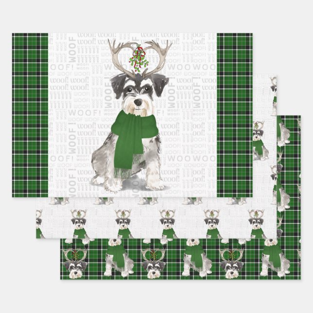 Miniature Schnauzer Christmas Dog and Green Plaid Wrapping Paper Sheet (Set)