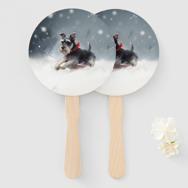 Miniature Schnauzer Christmas snow winter Hand Fan (Front and Back)