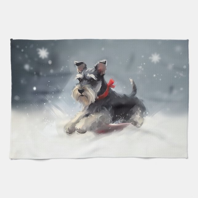 Miniature Schnauzer Christmas snow winter Tea Towel (Horizontal)