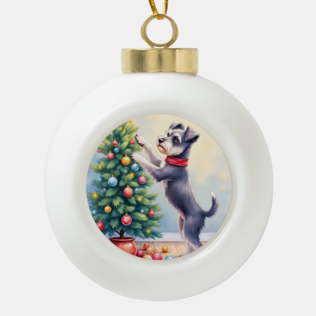 Miniature Schnauzer Decorating Christmas Tree Dog  Ceramic Ball Christmas Ornament (Front)