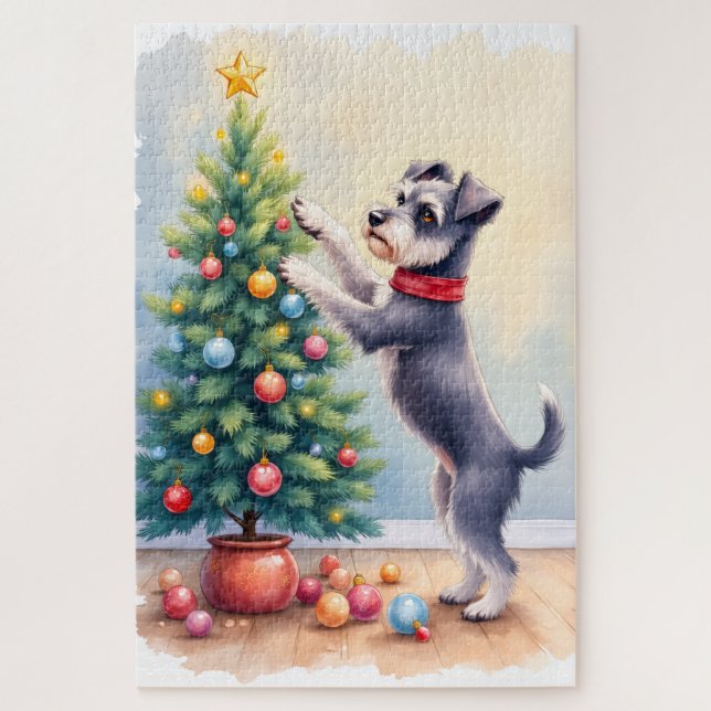 Miniature Schnauzer Decorating Christmas Tree Dog  Jigsaw Puzzle (Vertical)