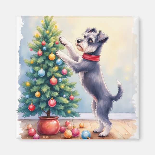 Miniature Schnauzer Decorating Christmas Tree Dog  Magnet (Front)