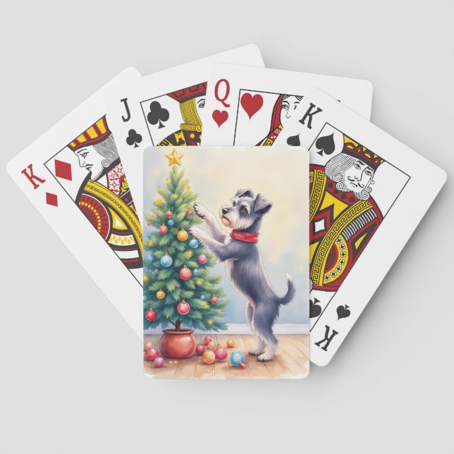 Miniature Schnauzer Decorating Christmas Tree Dog  Playing Cards (Back)