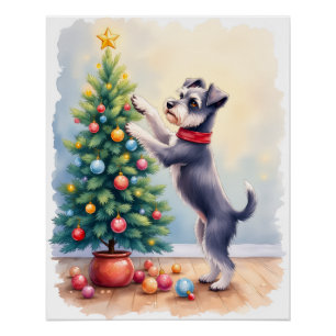 Miniature Schnauzer Decorating Christmas Tree Dog Poster