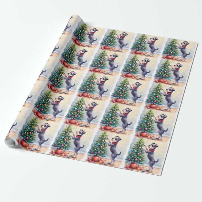 Miniature Schnauzer Decorating Christmas Tree Dog  Wrapping Paper (Unrolled)