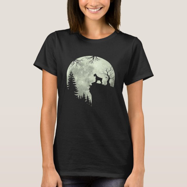 Miniature Schnauzer Dog And Moon Howl In Forest T-Shirt (Front)