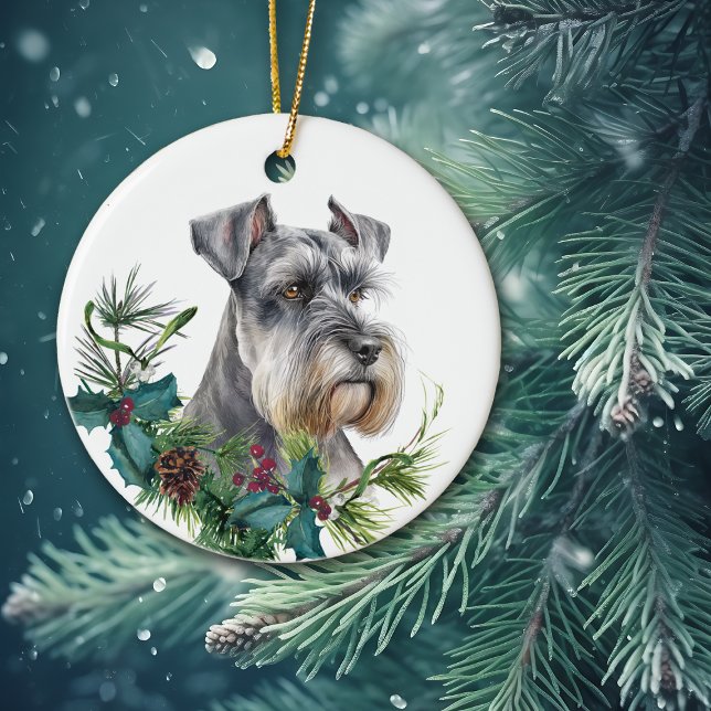 Miniature Schnauzer Dog Portrait Holly Wreath Ceramic Tree Decoration (Creator Uploaded)