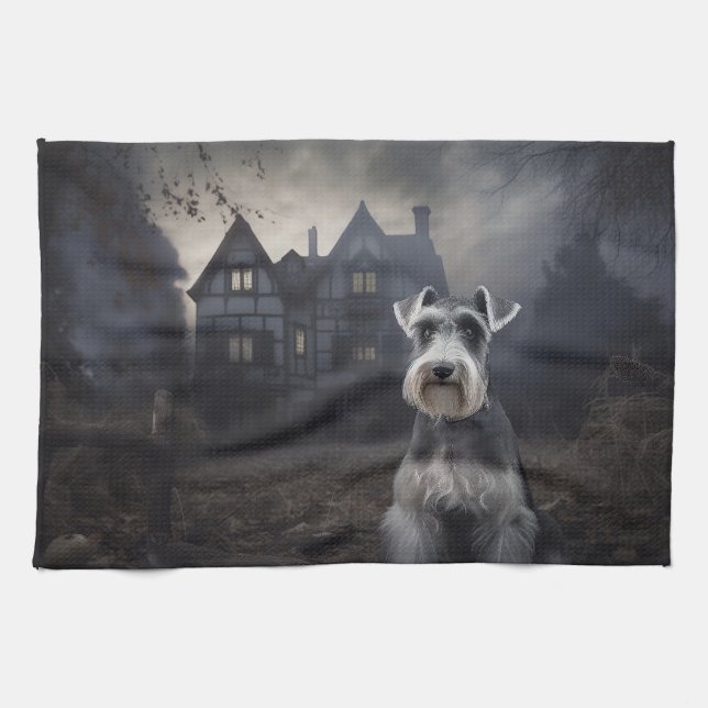 Miniature Schnauzer Halloween Scary Tea Towel (Horizontal)