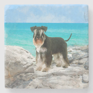 Miniature Schnauzer on the beach Watercolor Stone Coaster