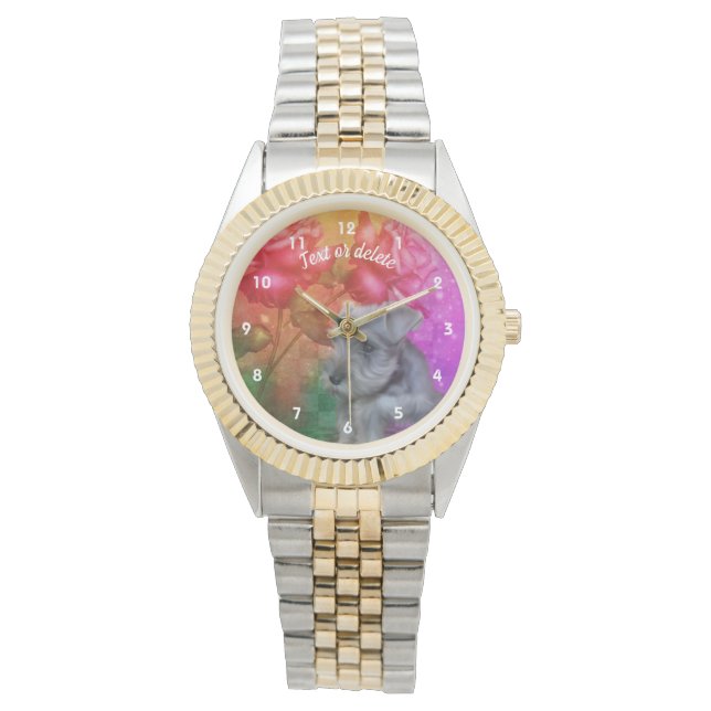 Miniature Schnauzer Puppy And Flowers Personalised Watch (Front)