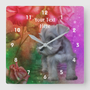 Miniature Schnauzer Puppy And Flowers Square Wall Clock