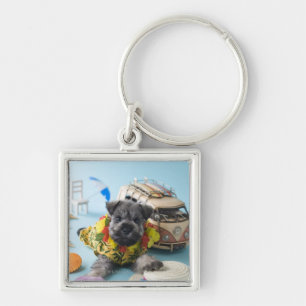 Miniature Schnauzer Puppy and Summer Vacation Key Ring