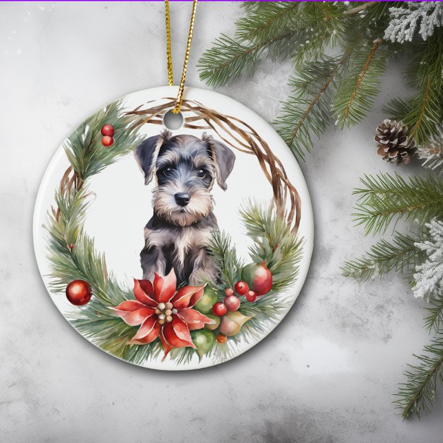 Miniature Schnauzer Puppy Poinsettia Wreath Ceramic Tree Decoration (Creator Uploaded)
