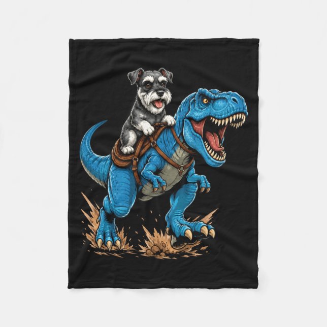 Miniature Schnauzer Riding T Rex Dinosaur Funny Fleece Blanket (Front)