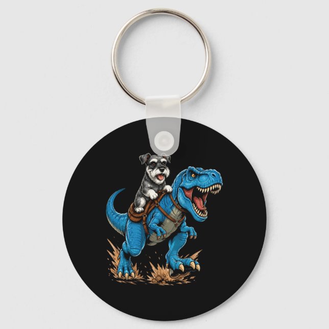 Miniature Schnauzer Riding T Rex Dinosaur Funny Key Ring (Front)