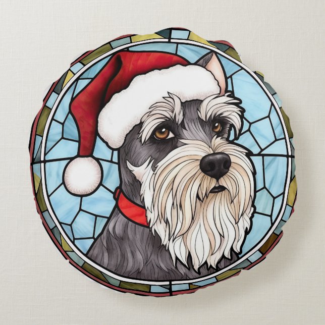 Miniature Schnauzer Stained Glass Christmas Round Cushion (Back)