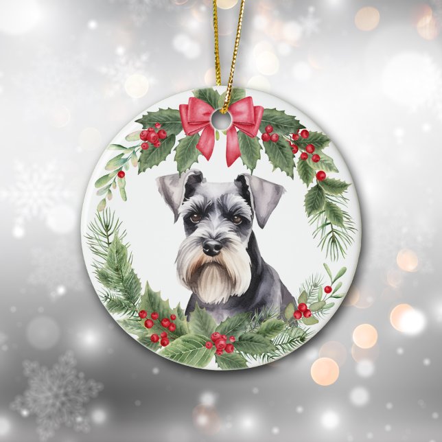 Miniature Schnauzer Terrier Red Bow Wreath Ceramic Tree Decoration (Creator Uploaded)