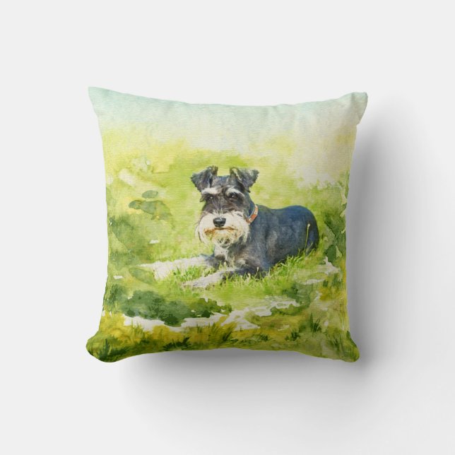 Miniature Schnauzer Watercolor Digital Art Cushion (Front)
