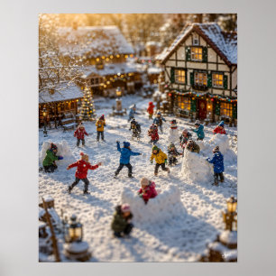 Miniature Snowball Fight Village Scene Poster