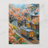 Miniature spring train under cherry trees