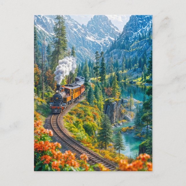 Miniature steam train in alpine forest holiday postcard (Front)