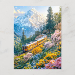 Miniature train in blooming alpine spring holiday postcard