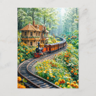 Miniature train winding through spring hills holiday postcard