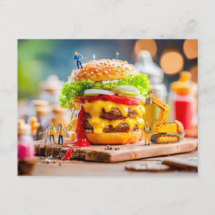 miniature workers building cheeseburger with excav holiday postcard