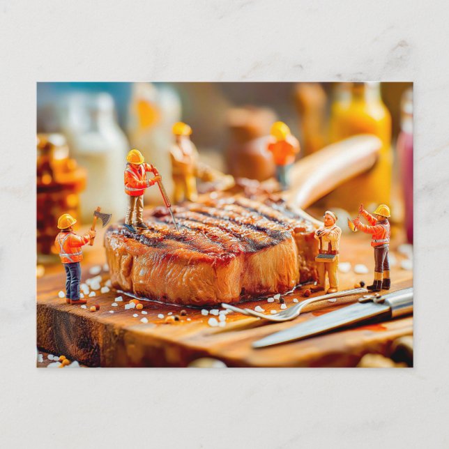miniature workers cooking juicy beef steak holiday postcard (Front)
