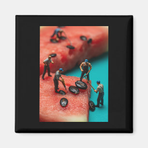 Miniature Workers On Watermelon Sticker Magnet