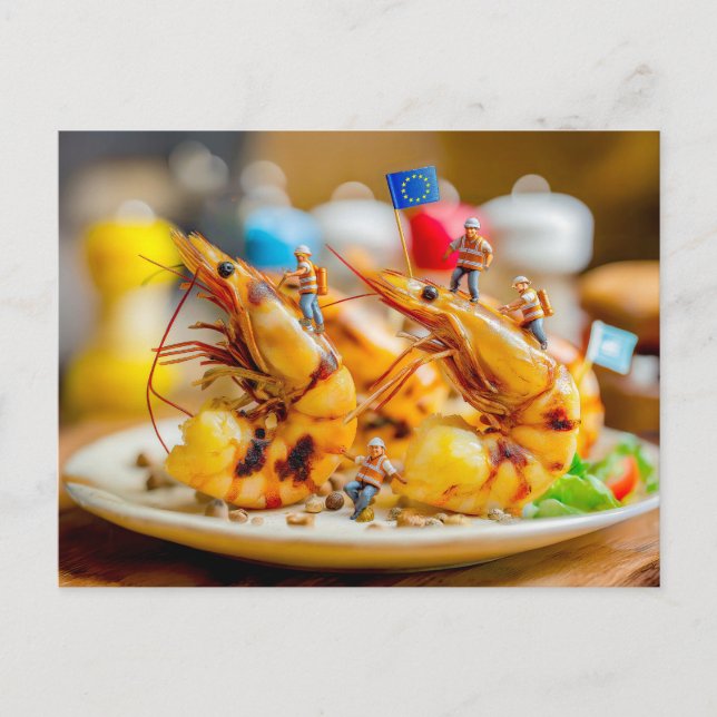 miniature workers preparing grilled shrimps holiday postcard (Front)