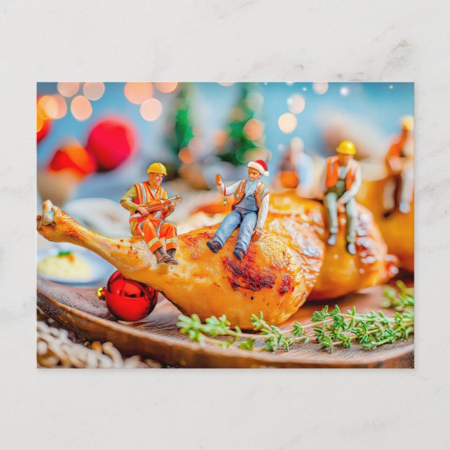 miniature workers with Christmas chicken drumstick Holiday Postcard (Front)