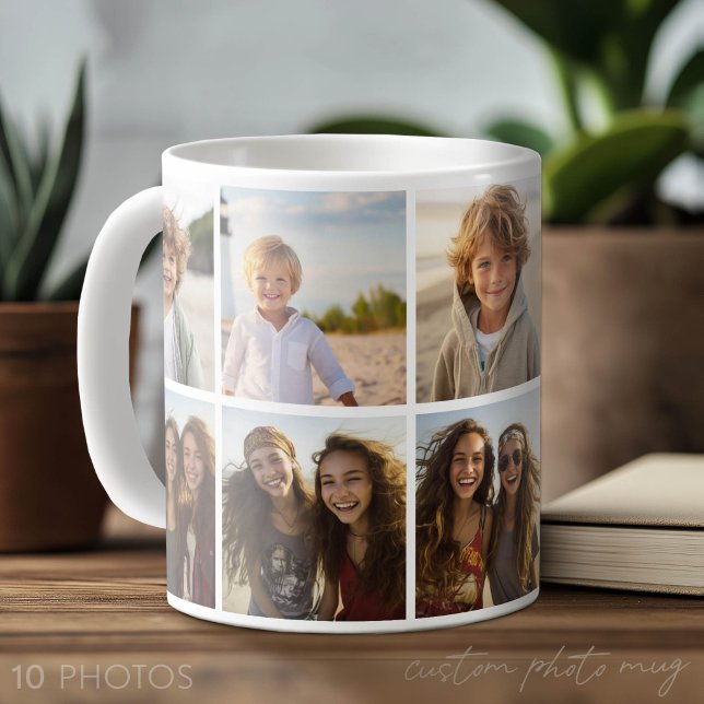 Minimal 10 Photo Collage - Basic White Grid Coffee Mug (Photo Mug with Lots of Photos)