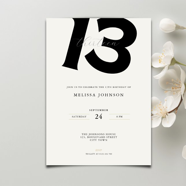 Minimal 13th Birthday Invitation: Bold Typography Invitation (Creator Uploaded)