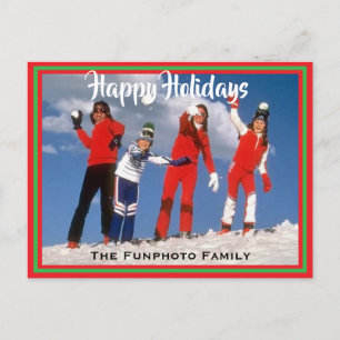 Minimal 1 Photo Holiday Card Family Name Red Green