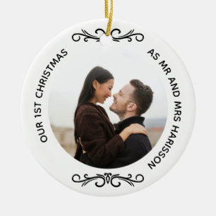 Minimal 1st Christmas as Mr and Mrs Photo Ceramic Tree Decoration