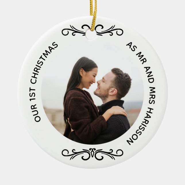 Minimal 1st Christmas as Mr and Mrs Photo Ceramic Tree Decoration (Front)