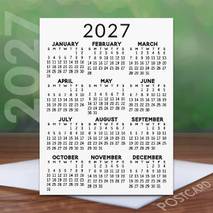 Minimal 2027 Calendar - Full Year View Black White Postcard