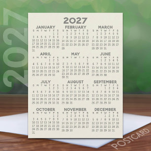 Minimal 2027 Calendar - Full Year View Grey Beige Postcard