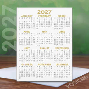 Minimal 2027 Calendar - Full Year View Grey Gold Postcard