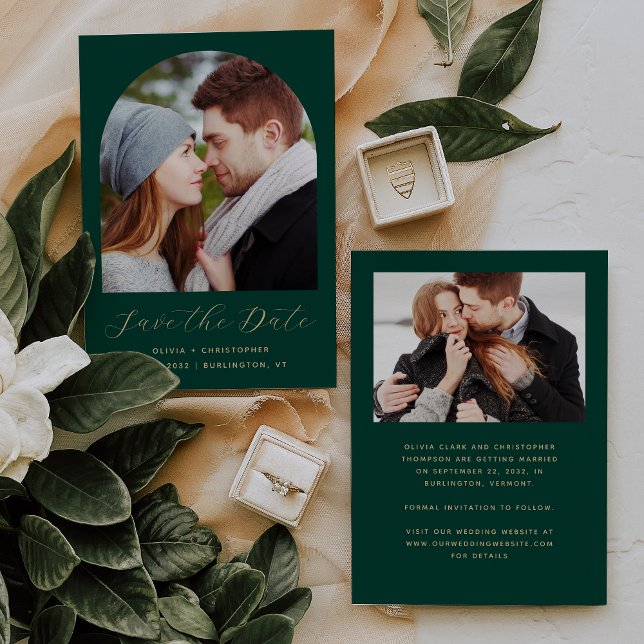 Minimal 2-Photo Boho Arch Emerald Green Gold Save The Date (Creator Uploaded)