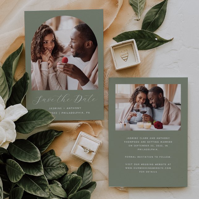 Minimal 2-Photo Boho Arch Sage Green Save The Date (Creator Uploaded)