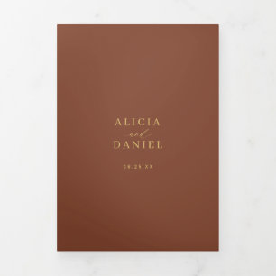 Minimal 2 photo gold terracotta wedding RSVP QR Tri-Fold Invitation
