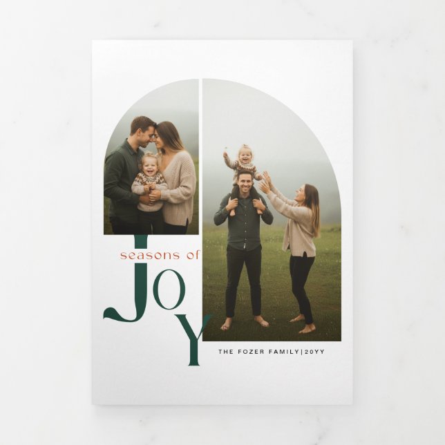 Minimal 2 Photo Green Family Christmas Tri-Fold Holiday Card (Cover)