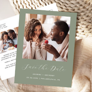 Minimal 2-Photo Script Sage Green Save the Date Announcement Postcard