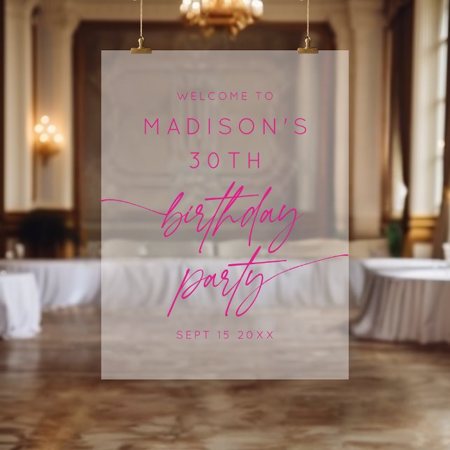 Minimal 30th Birthday Party Pink Frosted Welcome  Acrylic Sign (Creator Uploaded)
